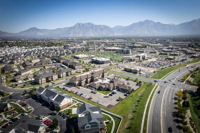Aerial view of a large assisted living community with amenities