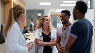 Healthcare staff interacting with smiles in a common area