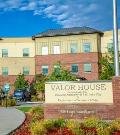 Exterior view of Valor House with landscaping