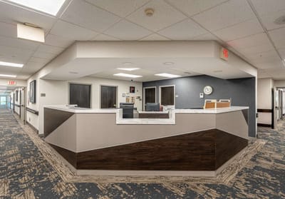 Interior view of a reception area in a senior care facility