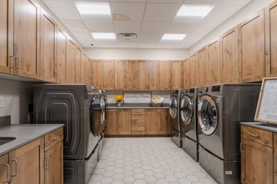 Laundry room with modern appliances and wooden cabinetry