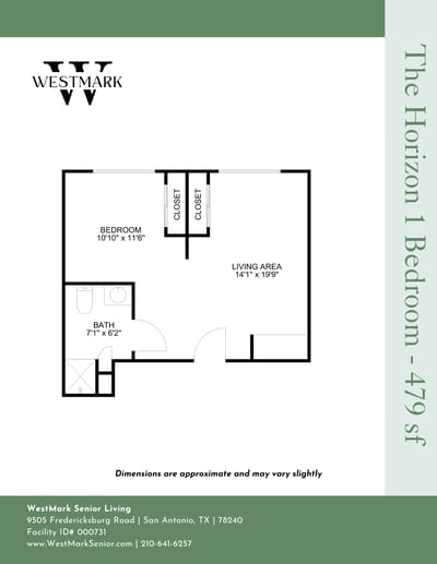 Architectural floor plan of a one-bedroom unit