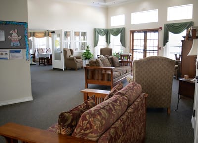 Interior view of a comfortable common area with seating