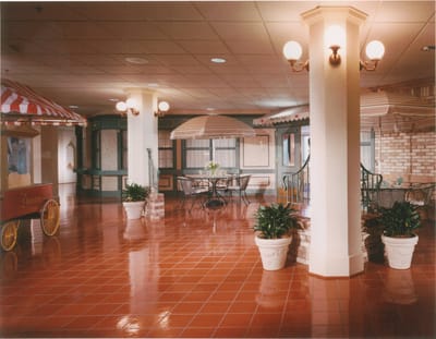 Interior common area with seating and decorative elements