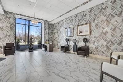 Bright lobby area with modern decor and furniture