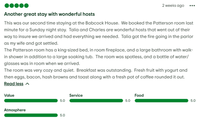 Guest review excerpt about Babcock House experience