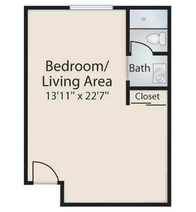 Floor plan of a bedroom and living area