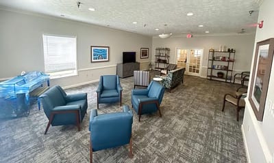 Interior view of a common area with seating