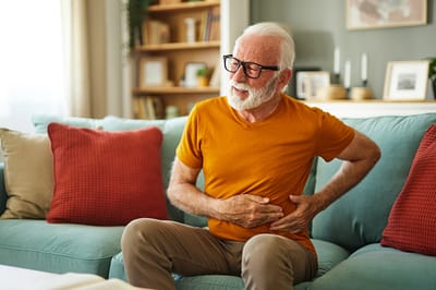 An older man sitting on a couch, holding his stomach