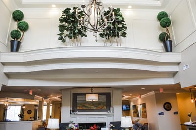 Bright interior common area with decor and seating