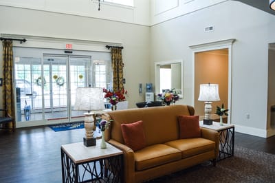 Interior view of a lobby with seating and decor