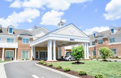 Exterior view of a senior living facility entrance