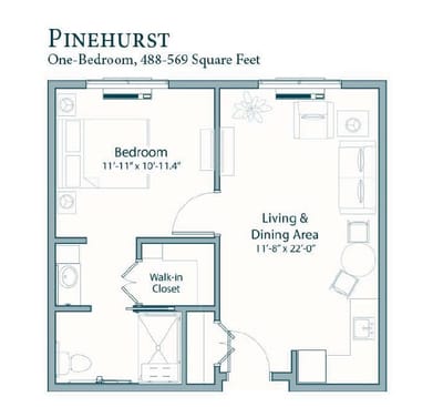 Architectural floor plan of a one-bedroom unit