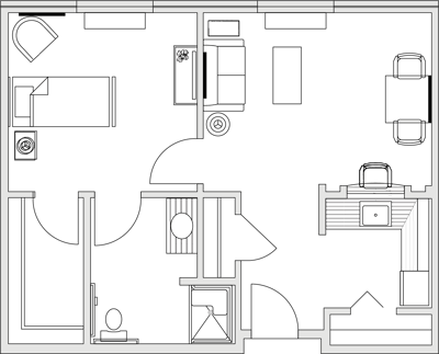 Architectural floor plan of a resident room layout
