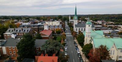 Aerial view of a town with various buildings