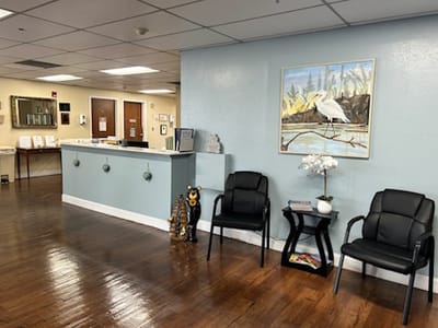 Interior lobby area with seating and artwork