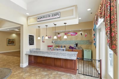 Bright ice cream shop area with decor