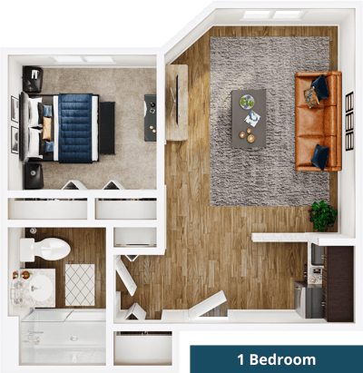 Architectural floor plan of a one-bedroom unit
