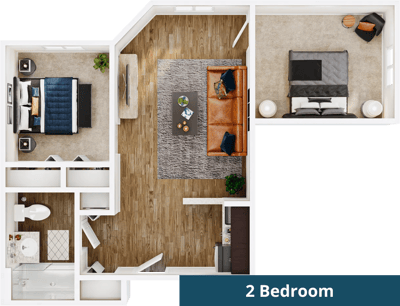 Stylized floor plan layout of a two-bedroom unit