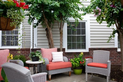 Cozy outdoor seating area with colorful plants