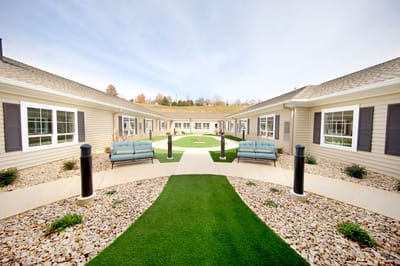 Outdoor courtyard with seating and pathways