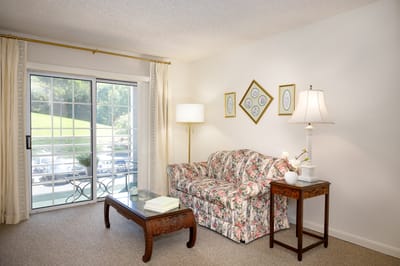 Cozy living space with floral couch and window view