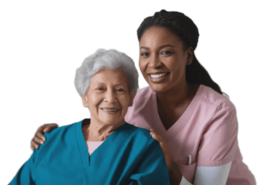 Caregiver and resident smiling together