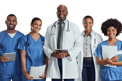Medical staff posing together with tablets