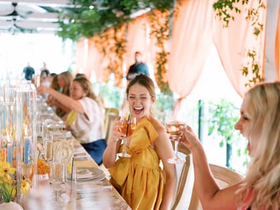 Residents celebrating at a decorated dining table