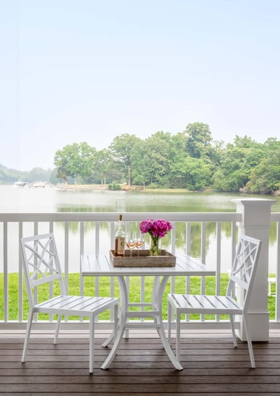 Outdoor seating area with a view of the lake