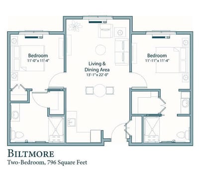 Architectural floor plan of a two-bedroom unit