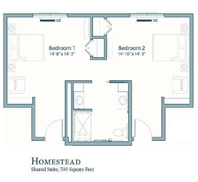 Architectural floor plan of a shared suite layout