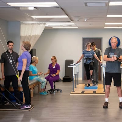 Residents participating in a group rehabilitation activity
