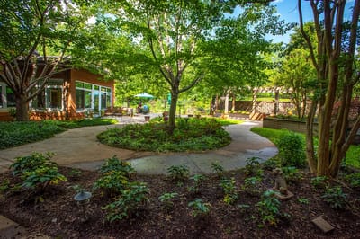 Tranquil garden area with seating and paths