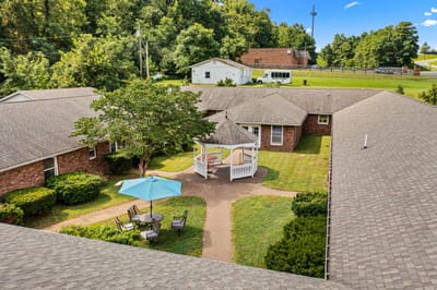 Aerial view of the courtyard with gazebo and seating area