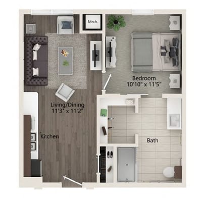 Architectural floor plan of a one-bedroom apartment