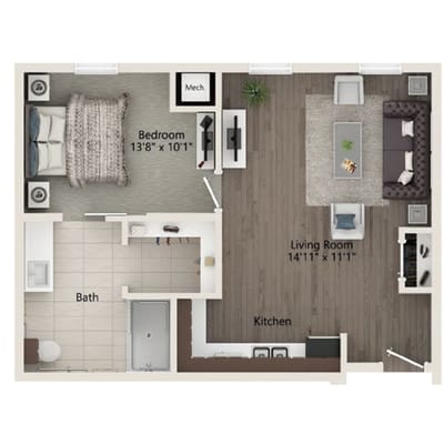 Architectural floor plan of a senior living unit
