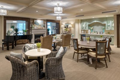 Welcoming common area with seating and piano