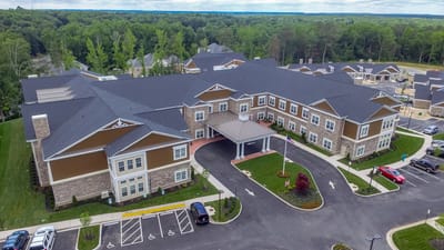Aerial view of the Manorhouse Assisted Living building and surroundings
