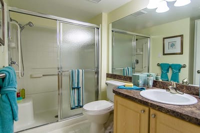 Bright bathroom with accessible features and teal accents
