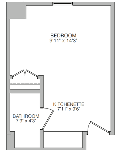 Floor plan of a one-bedroom unit with kitchenette and bathroom