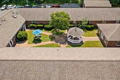 Aerial view of a courtyard with gazebo and seating