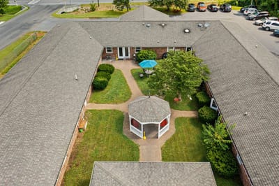 Aerial view of a courtyard with gazebo and seating areas