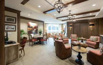 Bright common area with comfortable seating and decor