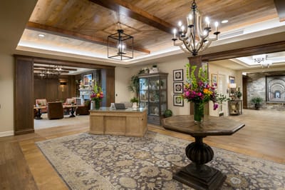Bright and welcoming lobby with floral arrangements