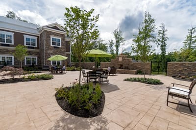 Outdoor patio with seating and shade umbrellas