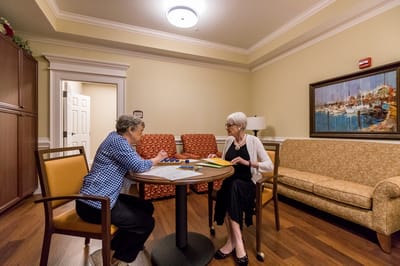 Two women engaged in an activity in a cozy setting