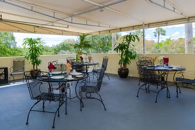 Outdoor dining area with tables and plants