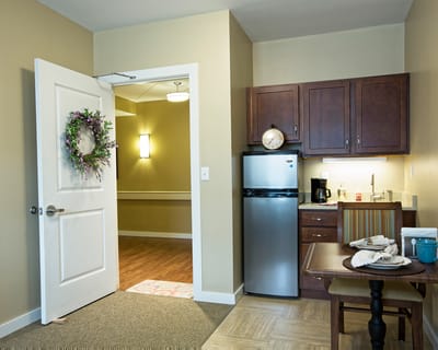 Bright private resident room with kitchenette