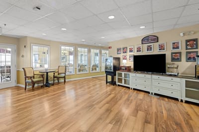 Interior view of a common area with seating and decorations